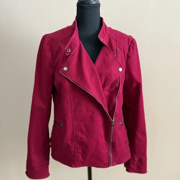 Banana Republic Moto Jacket Women M Red Wine Cotton Biker Zip Jacket Spring - Picture 2 of 7